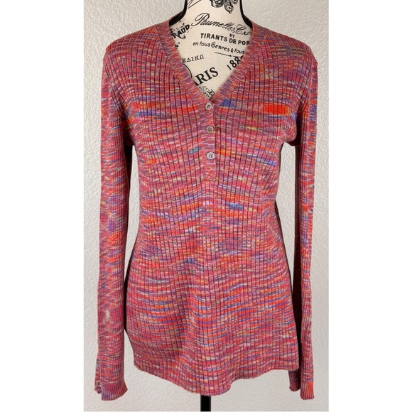 Sundance Multi Color Ribbed Henley Long Sleeve Lettuce Hem Buttons, size Medium - Picture 3 of 8